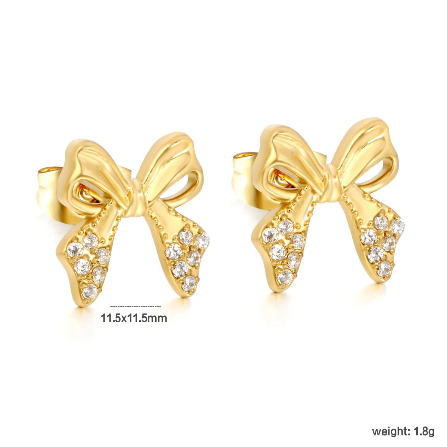 French Style Ribbon Bow Stainless Steel Zircon Stud Earrings