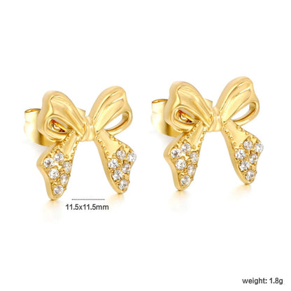 French Style Ribbon Bow Stainless Steel Zircon Stud Earrings