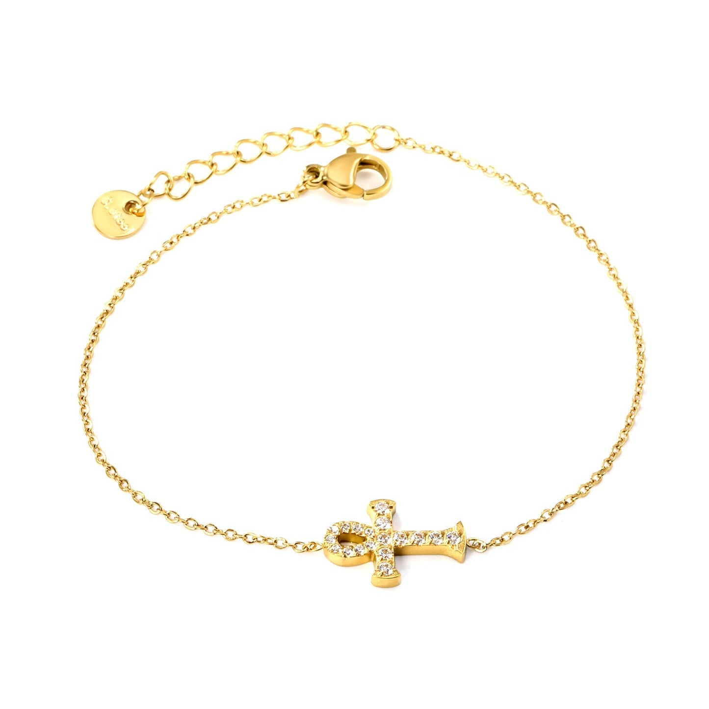 Gold Plated 304L Steel Ankh Bracelet Hypoallergenic Adjustable 17+3cm