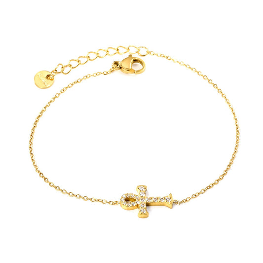 Gold Plated 304L Steel Ankh Bracelet Hypoallergenic Adjustable 17+3cm