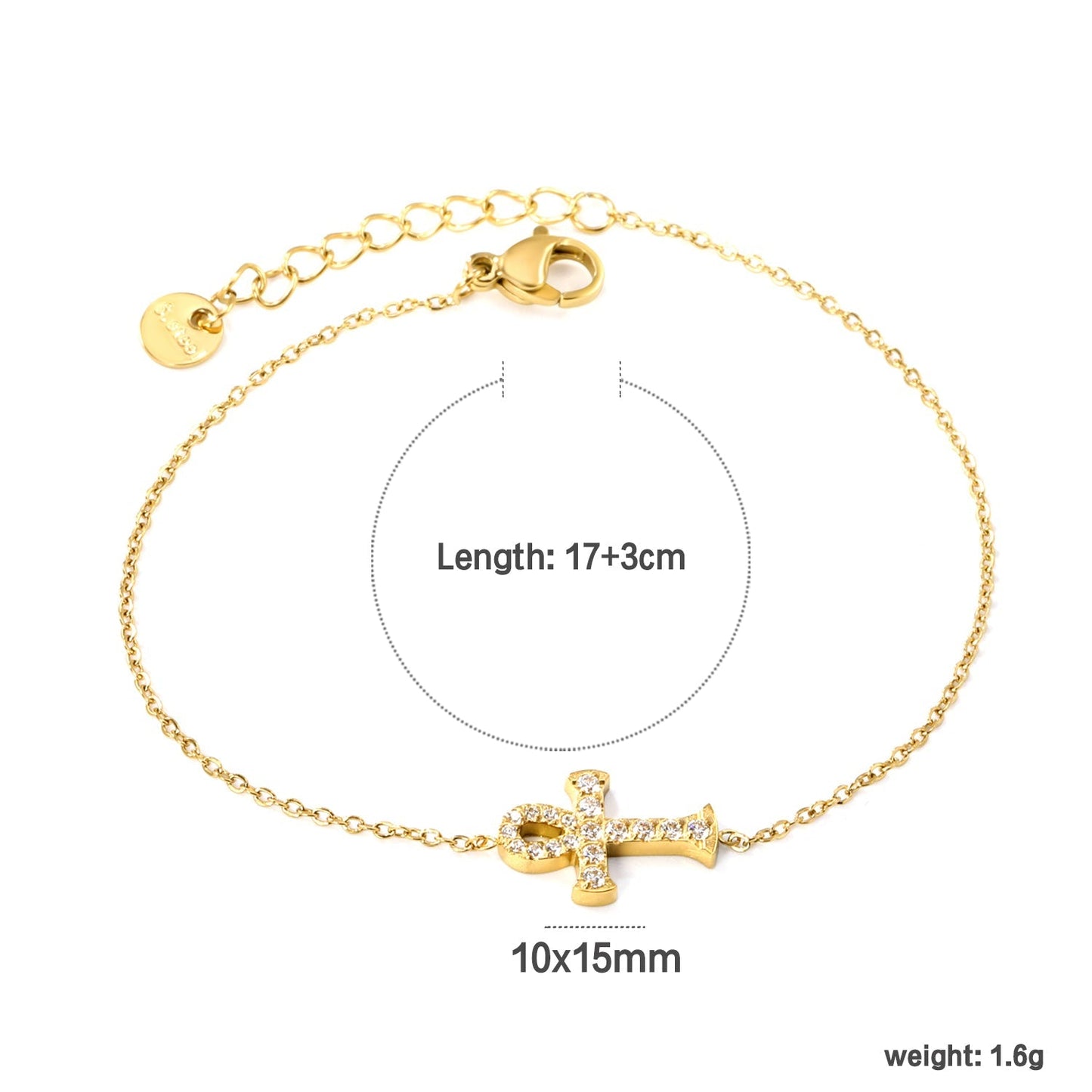 Gold Plated 304L Steel Ankh Bracelet Hypoallergenic Adjustable 17+3cm
