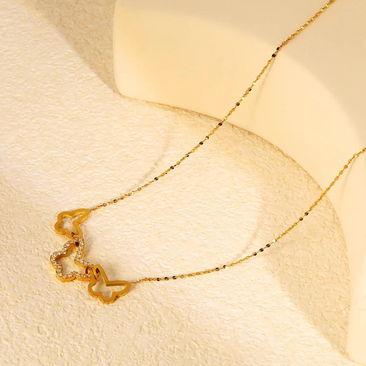 Gold Plated 3 Butterfly Pendant Necklace | Openwork + CZ Wings