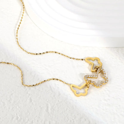 Gold Plated 3 Butterfly Pendant Necklace | Openwork + CZ Wings