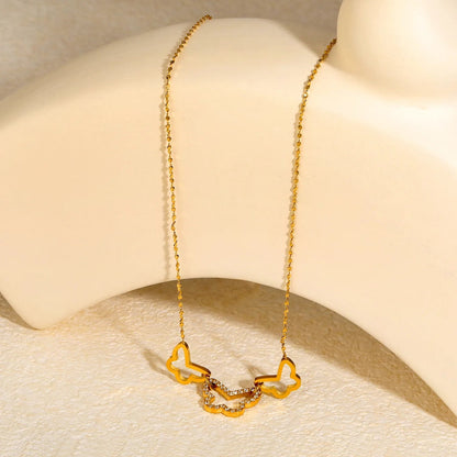 Gold Plated 3 Butterfly Pendant Necklace | Openwork + CZ Wings