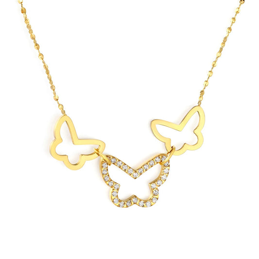 Gold Plated 3 Butterfly Pendant Necklace | Openwork + CZ Wings