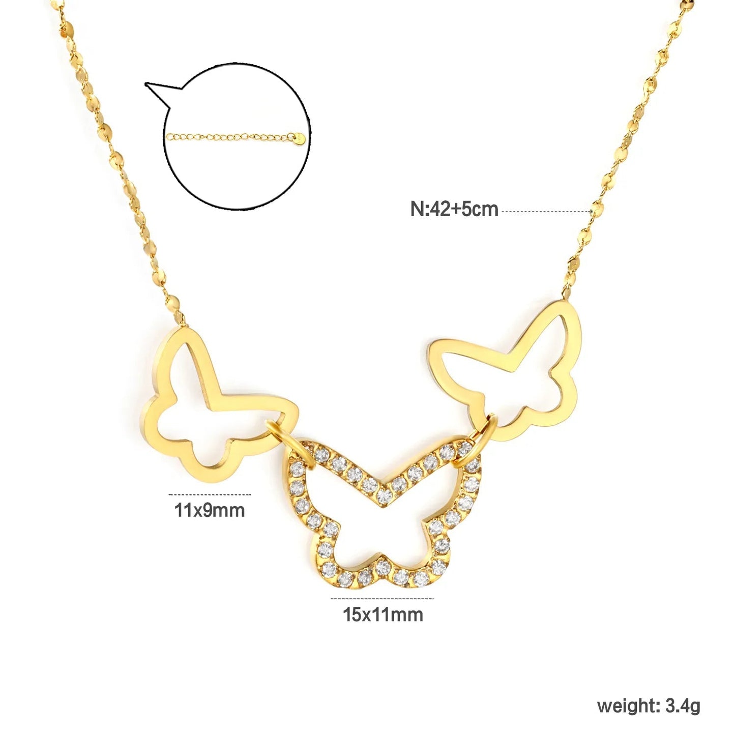 Gold Plated 3 Butterfly Pendant Necklace | Openwork + CZ Wings