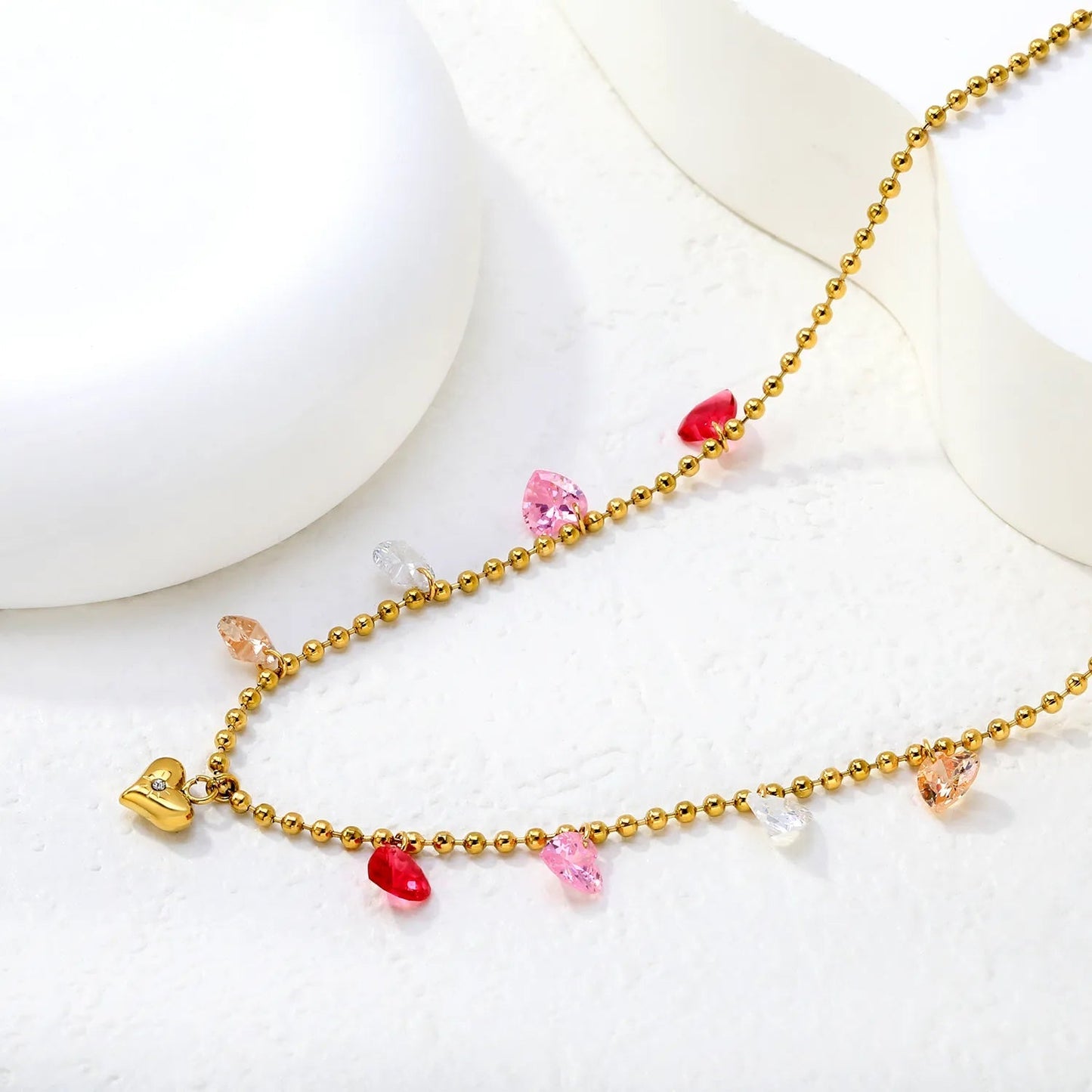 Gold Plated Colorful Heart Pendant Necklace | 6mm Plain + 6mm CZ Hearts 5.5g