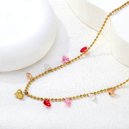Gold Plated Colorful Heart Pendant Necklace | 6mm Plain + 6mm CZ Hearts 5.5g