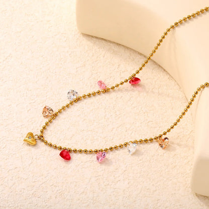 Gold Plated Colorful Heart Pendant Necklace | 6mm Plain + 6mm CZ Hearts 5.5g