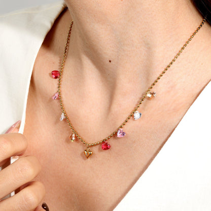 Gold Plated Colorful Heart Pendant Necklace | 6mm Plain + 6mm CZ Hearts 5.5g