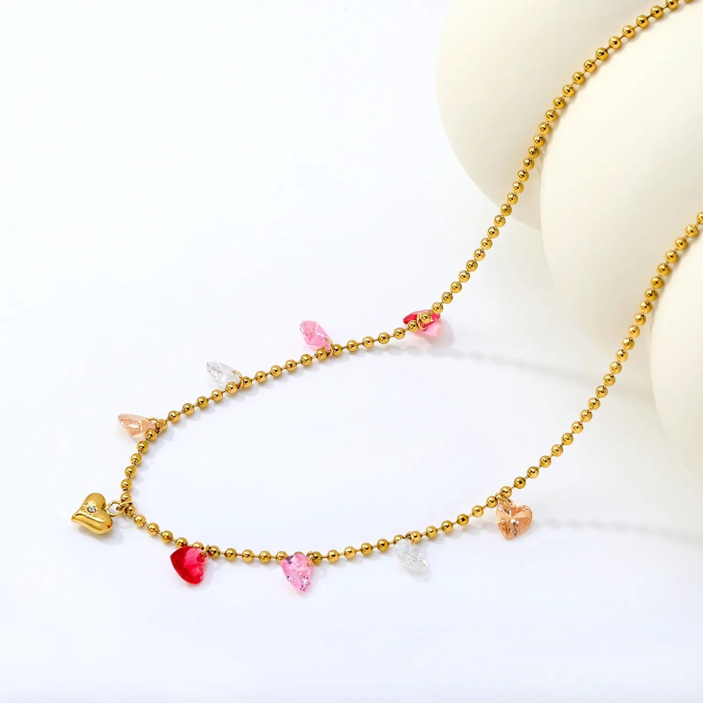 Gold Plated Colorful Heart Pendant Necklace | 6mm Plain + 6mm CZ Hearts 5.5g