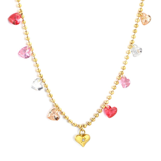 Gold Plated Colorful Heart Pendant Necklace | 6mm Plain + 6mm CZ Hearts 5.5g