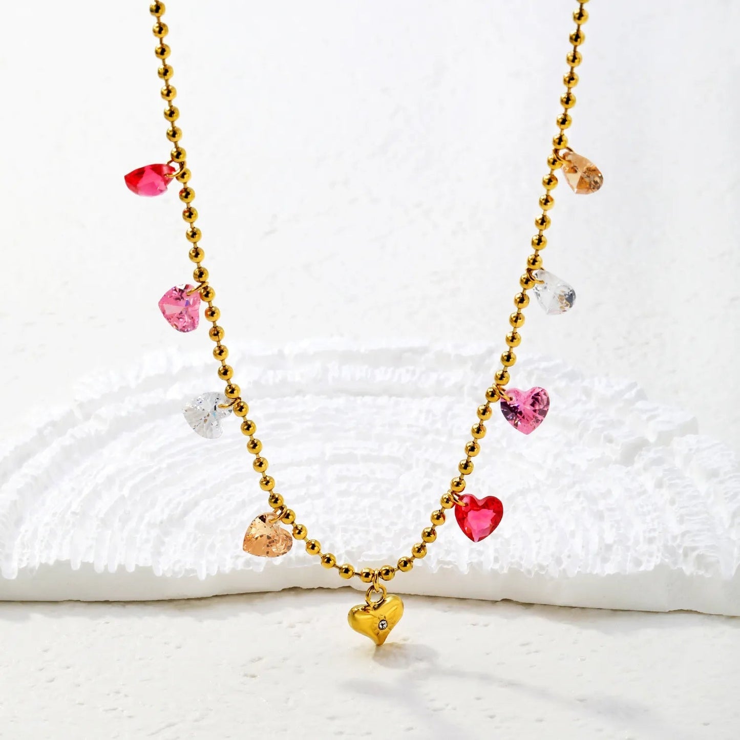 Gold Plated Colorful Heart Pendant Necklace | 6mm Plain + 6mm CZ Hearts 5.5g