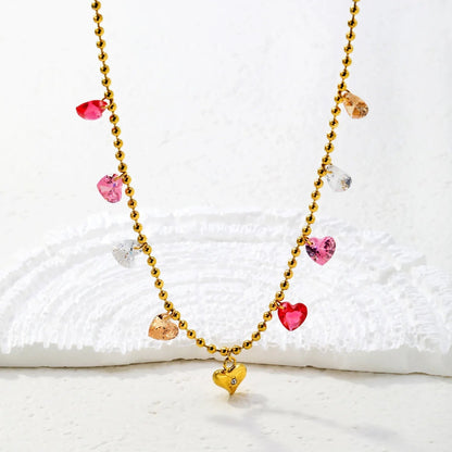Gold Plated Colorful Heart Pendant Necklace | 6mm Plain + 6mm CZ Hearts 5.5g