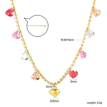 Gold Plated Colorful Heart Pendant Necklace | 6mm Plain + 6mm CZ Hearts 5.5g