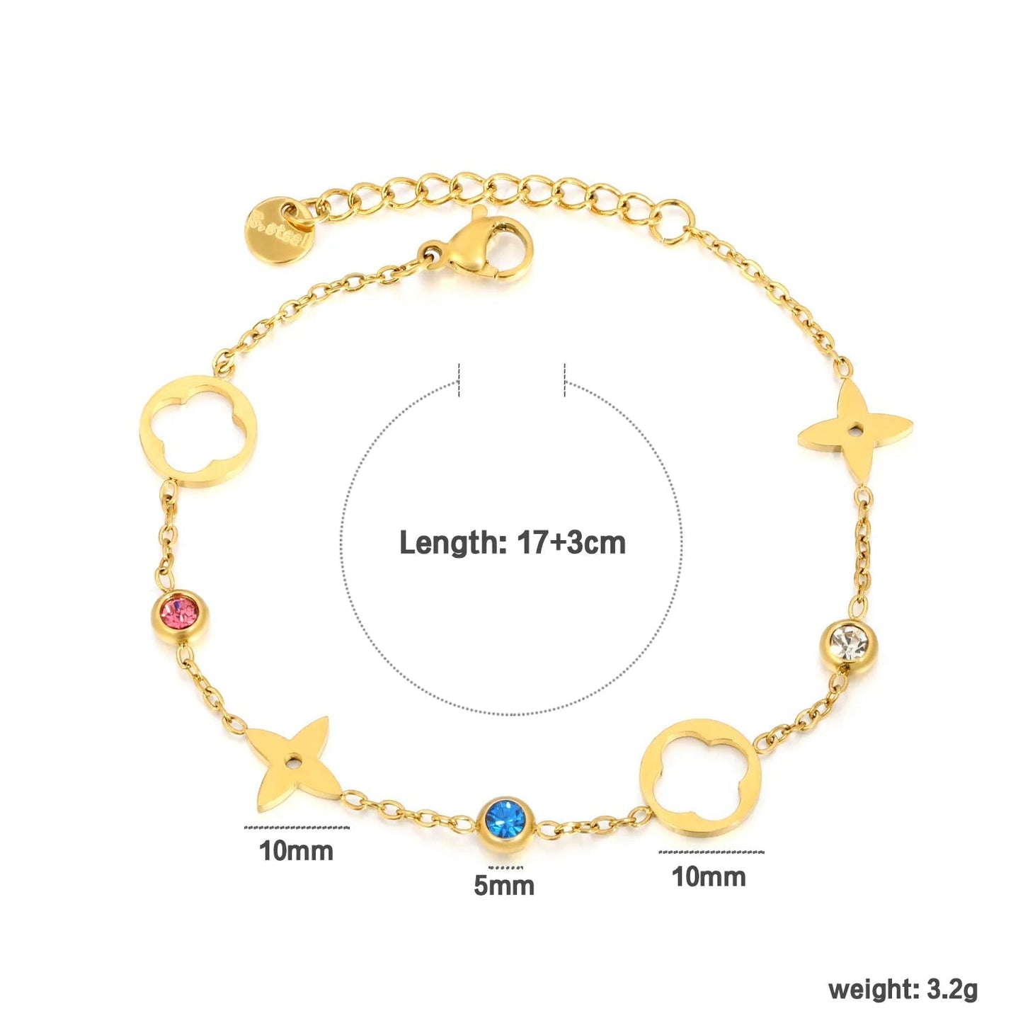 Gold Plated Multicolor Cubic Zirconia Bracelet | Clover & Star 10mm Charms