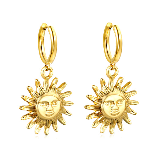 Gold earrings + sun pendant earrings jewelry supplierHigh-resolution on white background
