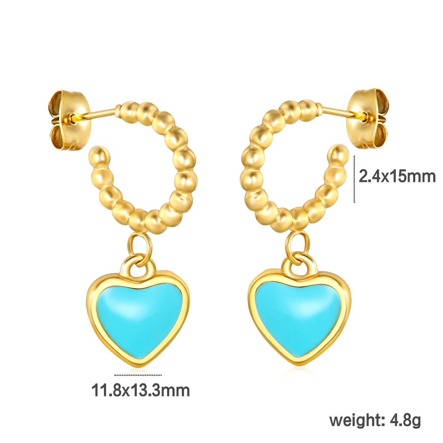Golden blue oil drop peach heart + semi-circular steel bead stud earrings jewelry supplier size