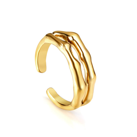 Wholesale 18K Gold Plated Double Bamboo Joint Ring Industrial Textured Open Band Retro Luxury Art