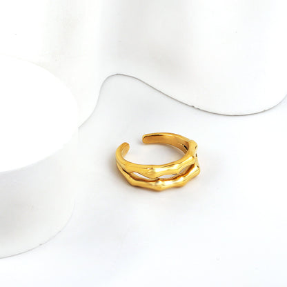 Wholesale 18K Gold Plated Double Bamboo Joint Ring Industrial Textured Open Band Retro Luxury Art