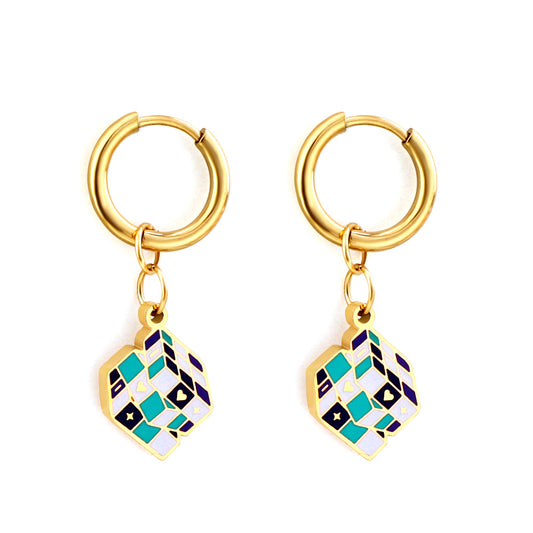 Wholesale 18K Gold Circle with Rubik's Cube Mixed Color Stud Earrings