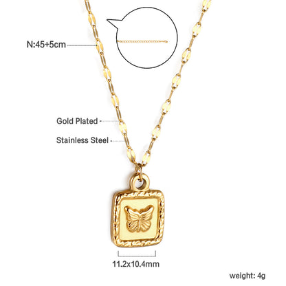 Bulk gold-plated square pendant necklace with butterfly relief engraving inside. Luxurious and exquisite.