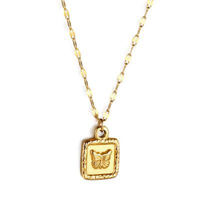Bulk gold-plated square pendant necklace with butterfly relief engraving inside. Luxurious and exquisite.