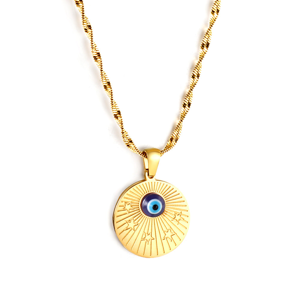 Bulk Stainless Steel Gold Tone Blue Eye Sun Necklace Mystical Vibe