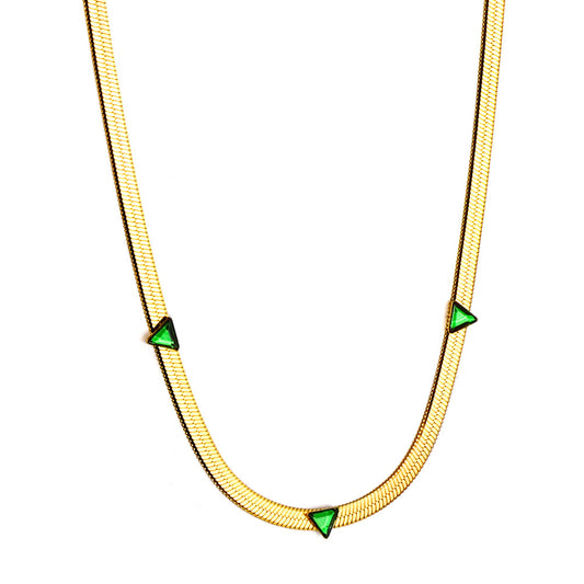Wholesale Stainless Steel Gold Tone Green Gem Chain Necklace Vibrant Style