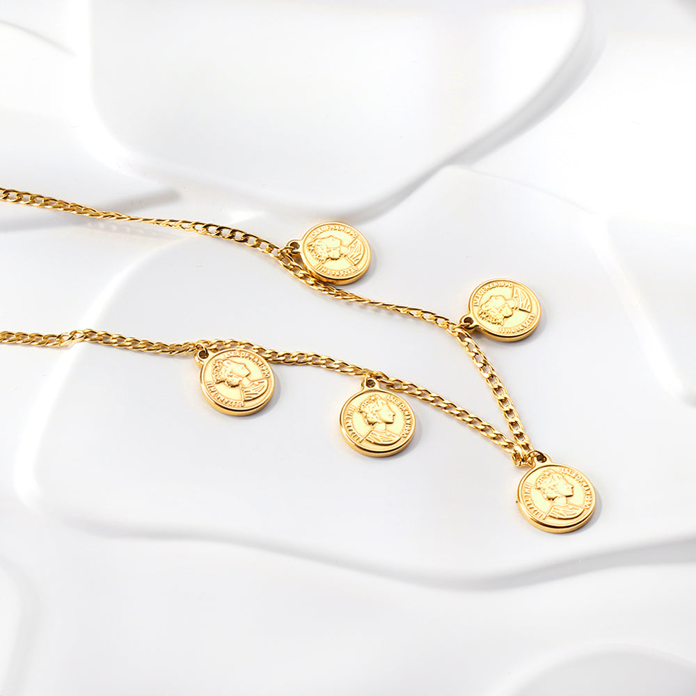 Bulk Stainless Steel Gold Tone Round Medallion Chain Necklace Timeless Classic
