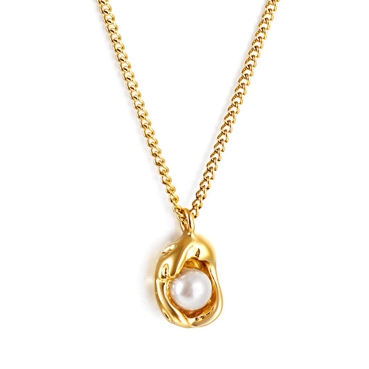 Wholesale Stainless Steel Gold Tone Pearl Enclosed Necklace Elegant Grace