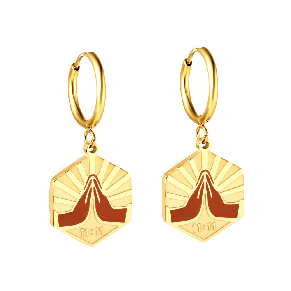 Wholesale 18K Gold Circle with Champagne Color Hexagonal Double Palm Stud Earrings