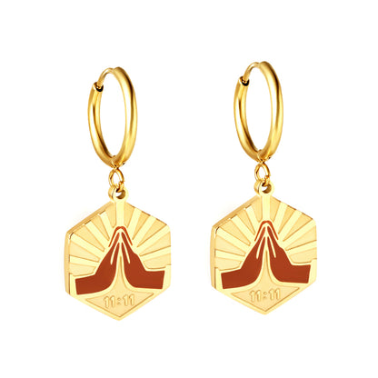 Wholesale 18K Gold Circle with Champagne Color Hexagonal Double Palm Stud Earrings