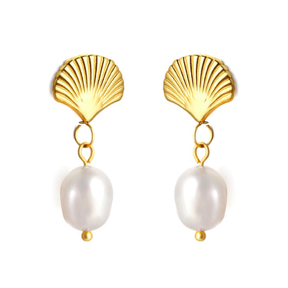Bulk 18K Gold Shell - pearl Drop Hoop Earrings - Elegant & Charming