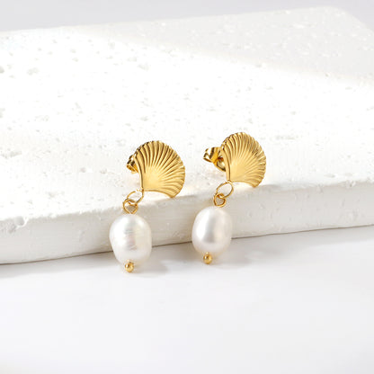 Bulk 18K Gold Shell - pearl Drop Hoop Earrings - Elegant & Charming
