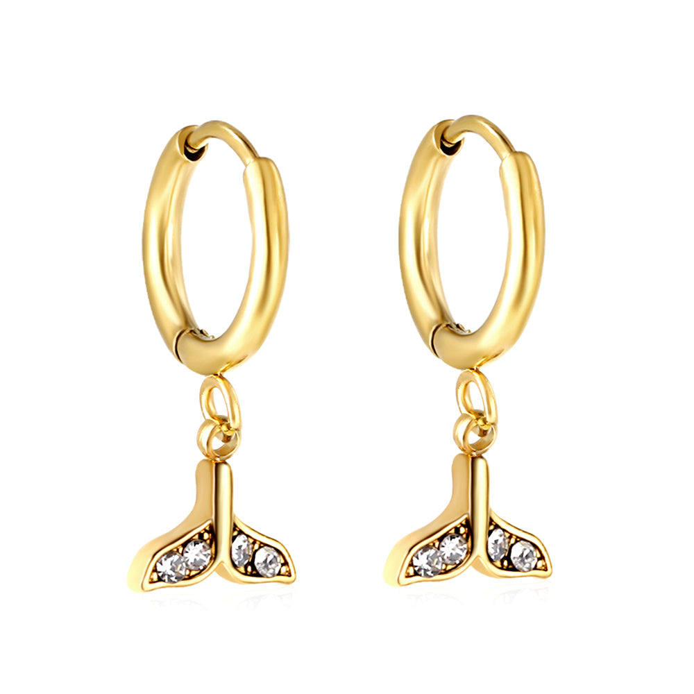 Wholesale Stainless Steel Gold Circle with Fishtail White Diamond Earrings