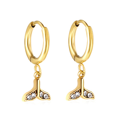 Wholesale Stainless Steel Gold Circle with Fishtail White Diamond Earrings