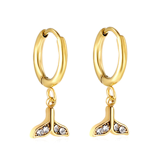 Wholesale Stainless Steel Gold Circle with Fishtail White Diamond Earrings