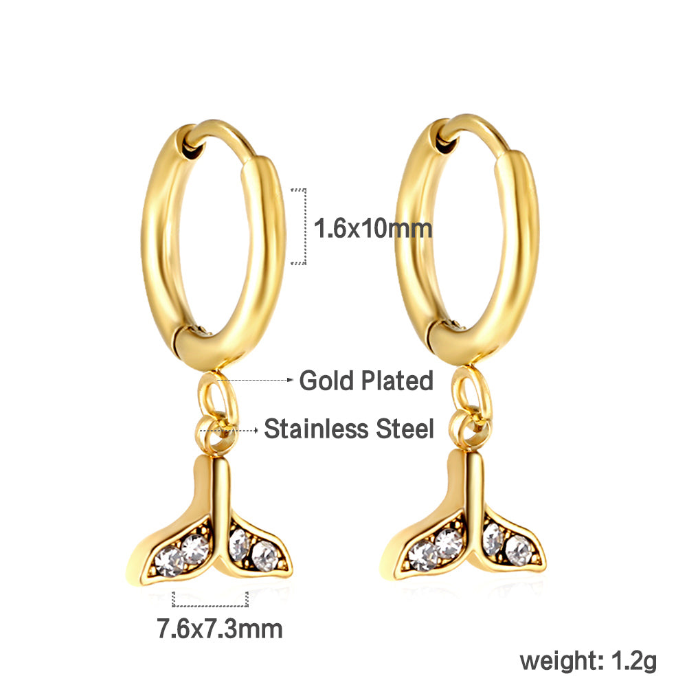 Wholesale Stainless Steel Gold Circle with Fishtail White Diamond Earrings
