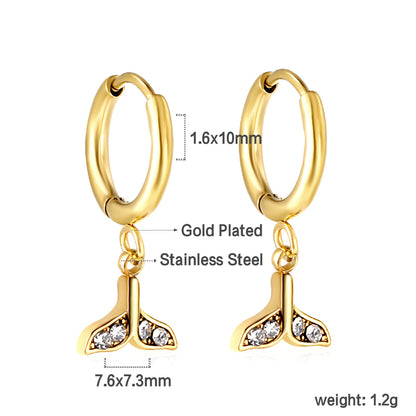 Wholesale Stainless Steel Gold Circle with Fishtail White Diamond Earrings