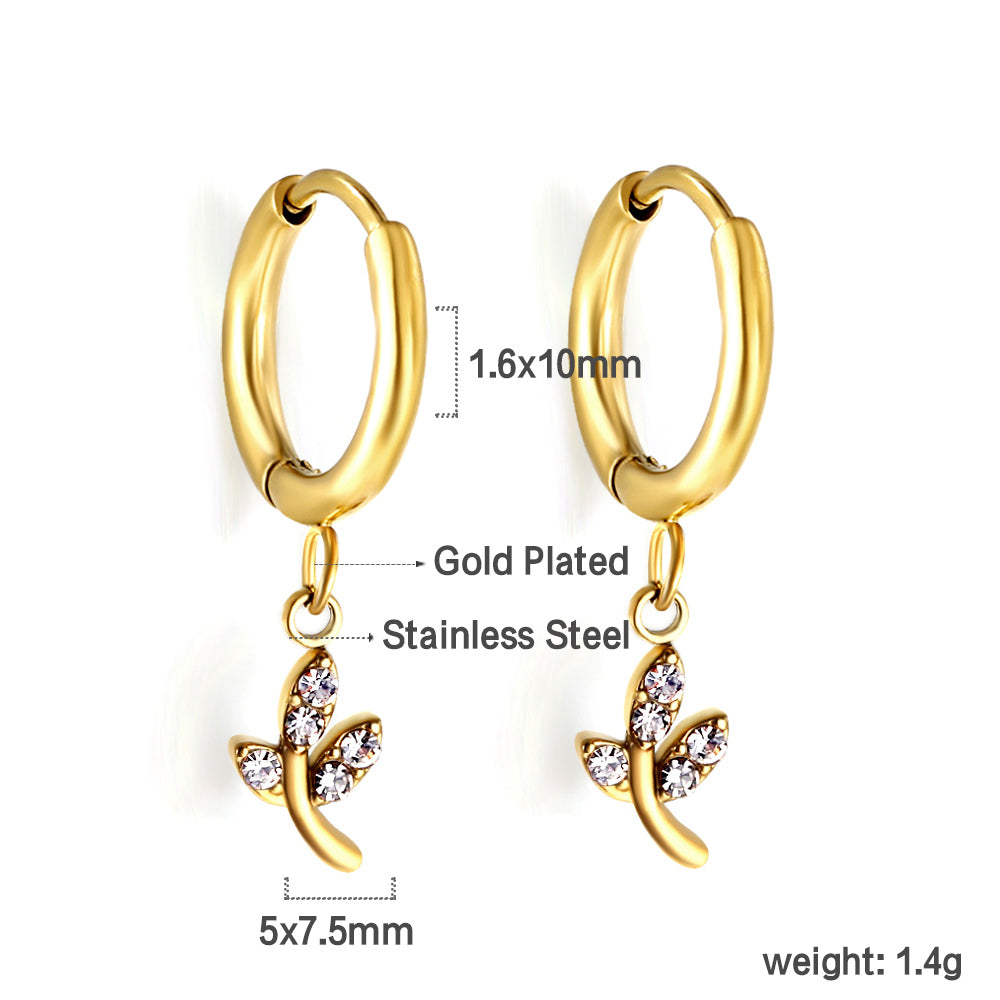 Wholesale 18k Gold Circle with Leaf White Diamond Hoop Earrings