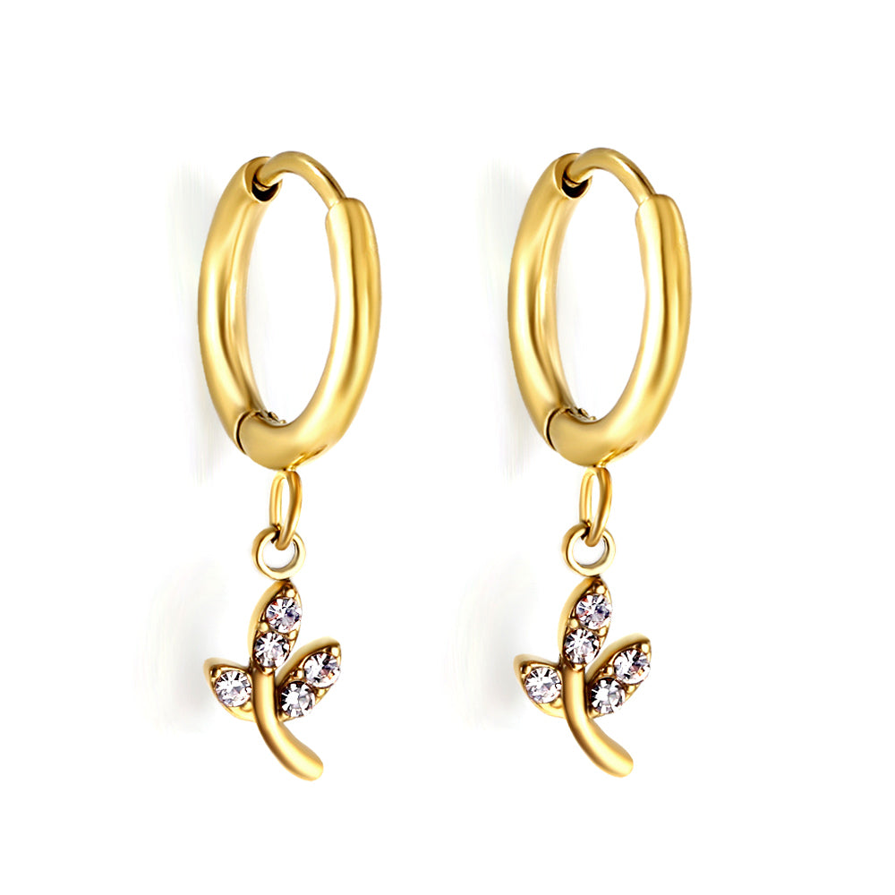 Wholesale 18k Gold Circle with Leaf White Diamond Hoop Earrings