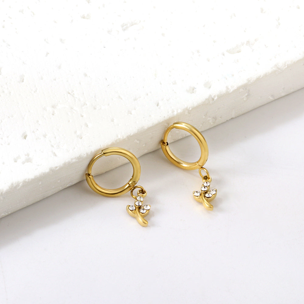 Wholesale 18k Gold Circle with Leaf White Diamond Hoop Earrings