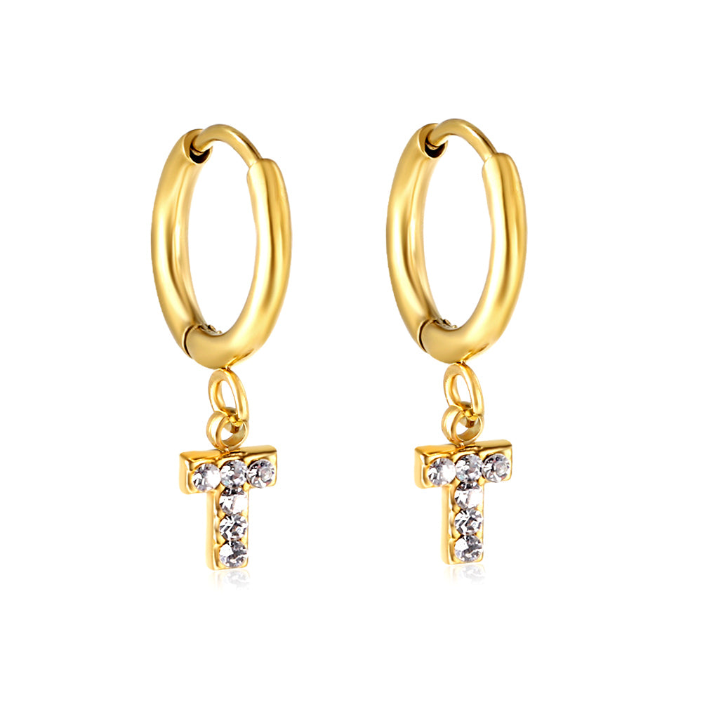 Bulk 18K Gold Letter T Diamond Hoop Earrings Stylish