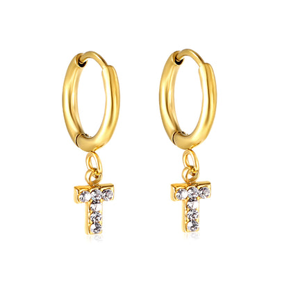 Bulk 18K Gold Letter T Diamond Hoop Earrings Stylish