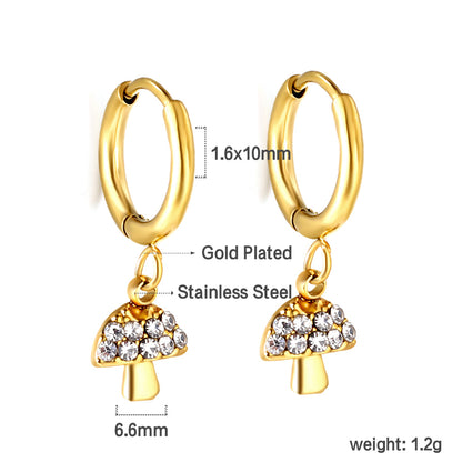 Wholesale Stainless Steel Circle with Mushroom White Diamonds Earrings