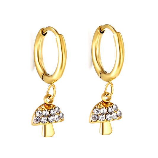 Wholesale Stainless Steel Circle with Mushroom White Diamonds Earrings