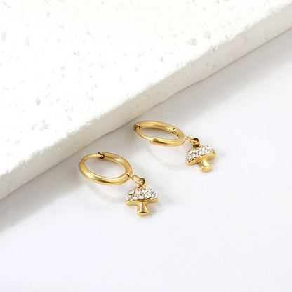 Wholesale Stainless Steel Circle with Mushroom White Diamonds Earrings