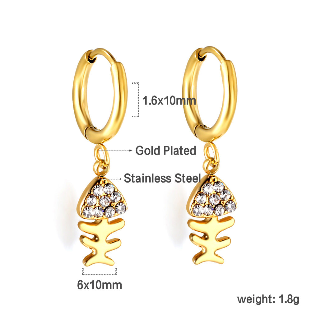 Wholesale Stainless Steel Circle with Fishbone White Diamond Hoop Earrings