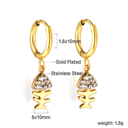 Wholesale Stainless Steel Circle with Fishbone White Diamond Hoop Earrings